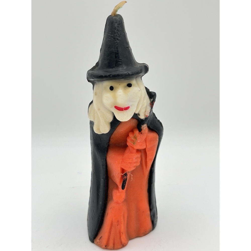 Vintage Halloween Witch Figural Candle Black Orange Unburned Spooky Decor